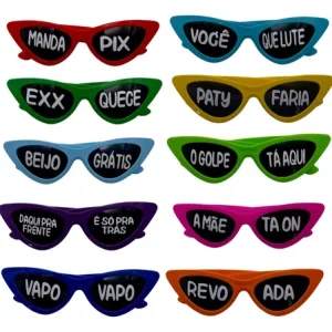 Kit 10 Óculos Gatinho Escuro Frases Festa Balada Casamento