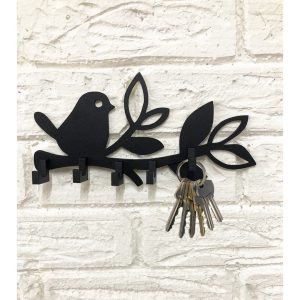 Porta Chaves Passarinho em MDF Preto com 5 Ganchos
