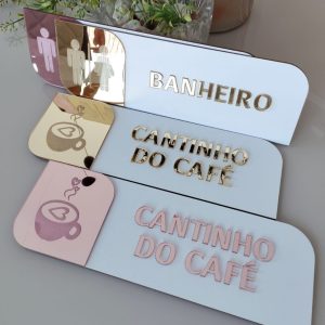 Placa Identificação de Porta, Banheiro, Copa, Cantinho do café, Em MDF branco com Acrílico espelhado.