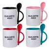 Caneca com Colher e Alça Colorida Personalizada ou Lisa - Sua ideia foto logo arte frase aqui - Copo Xicara Porcelana Cerâmica