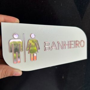 Placa Identificação de Porta, Banheiro Em MDF BRANCO com ACRILICO espelhado.