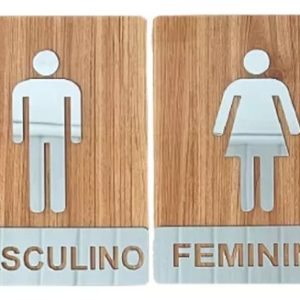 Placa Sinalização Banheiro Wc Acrílico Premium Wood 2 Peças