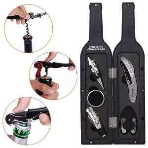 Kit Vinho 5 Peças Abridor Saca Rolha Inox Forma Garrafa Cerveja Personalizado com nome