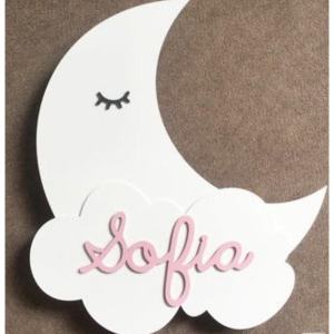 Placa decorativa para quarto formato de lua com  nome personalizado