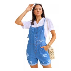Macaquinho Curto Jeans Feminino Jardineira De Botões Personalizado