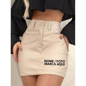 Saia Alfaiataria Curta Feminina Botão Encapado Com Bolso Personalizado