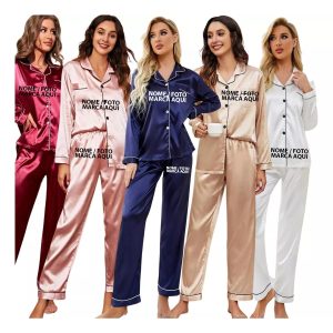 Pijama Feminino Americano Manga Comprida E Calça Cetim Seda Personalizado