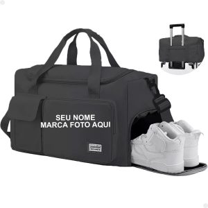 Mala Bolsa Impermeável Com Porta Tênis E Alça Ajustável - Cor preta - Ideal Para Academia, Viagem E Esportes Personaliza