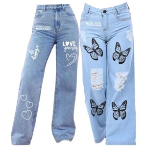 Calça wide leg jeans pantalona com desenho infantil juvenil menina Personalizada