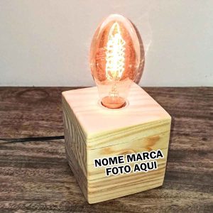 Abajur Cubo Madeira Pinus - Soquete E27 Decoração Personalizado com nome marca logotipo empresa foto arte frase