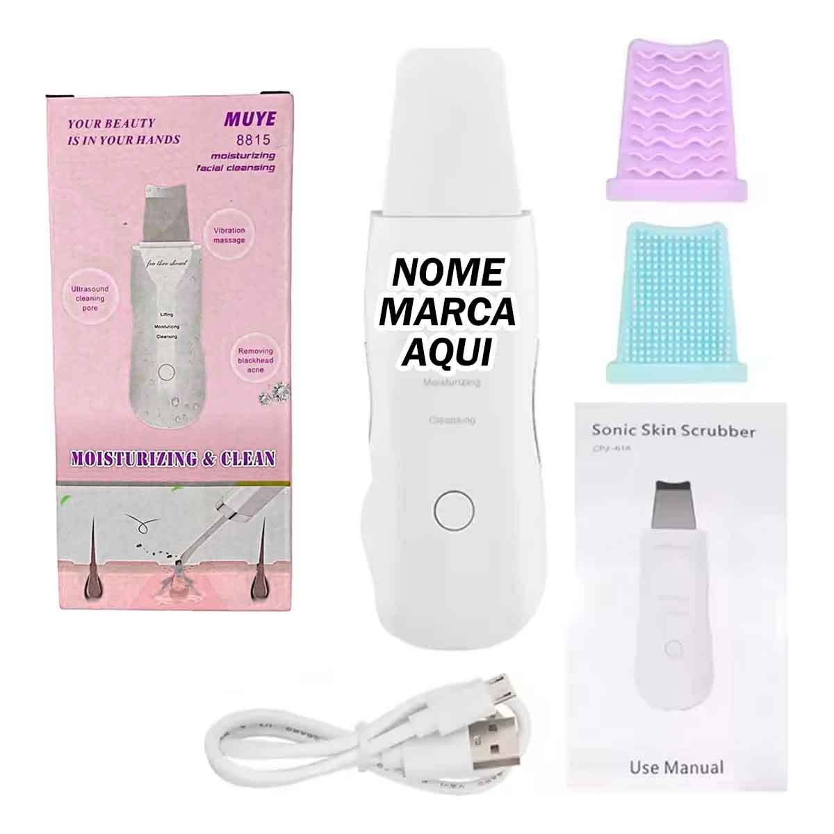 aparelho de Peeling Ultrassônico Limpador Facial Anti rugas Personalizado com nome marca logotipo empresa foto arte