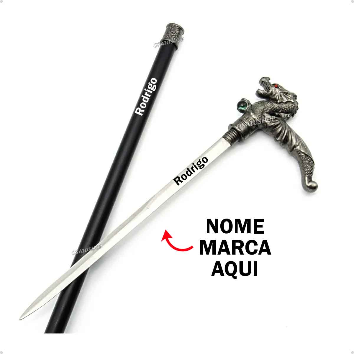 Bengala Com Espada Cajado Com Apoio 92cm Dragão Esfera Personalizado com nome marca logotipo empresa foto arte frase