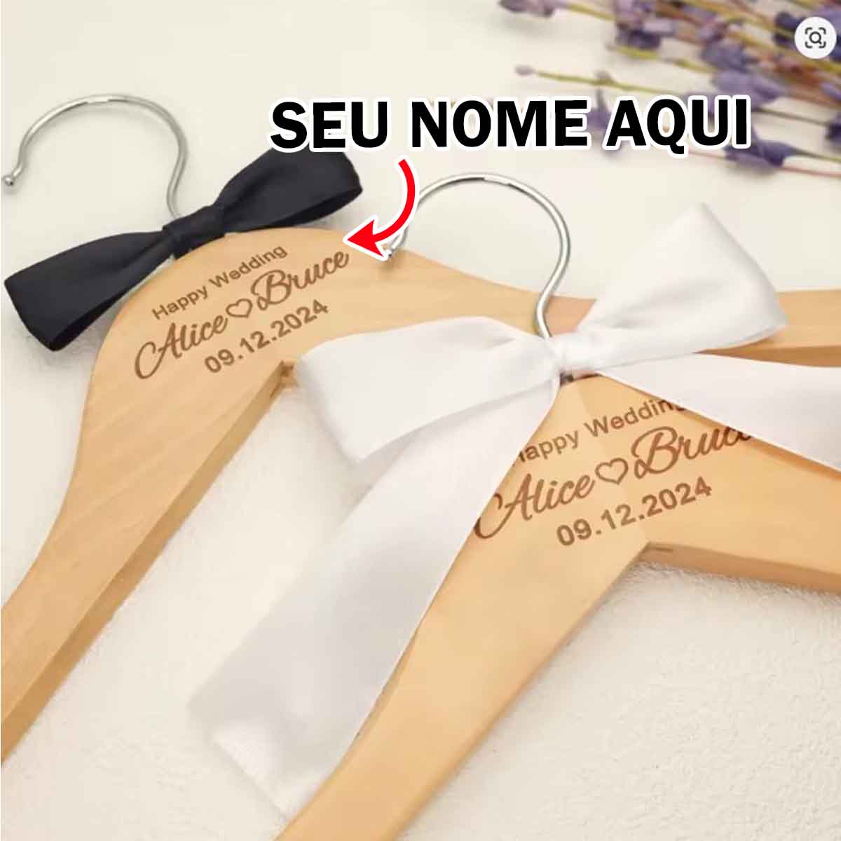 Cabide de madeira Personalizado para casamento festa noivado com nome marca logotipo empresa foto arte frase