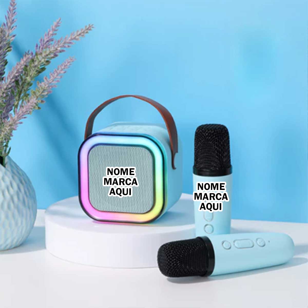 Caixinha Microfone Bluetooth S Fio Karaokê Infantil Personalizado com nome marca logotipo empresa foto arte frase person