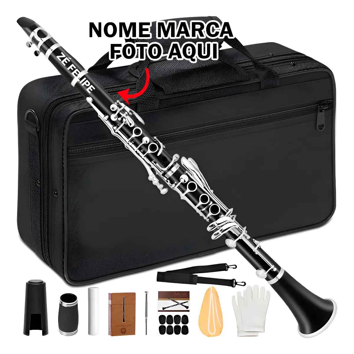 Clarinete Personalizado com nome marca logotipo empresa foto arte frase personalizada