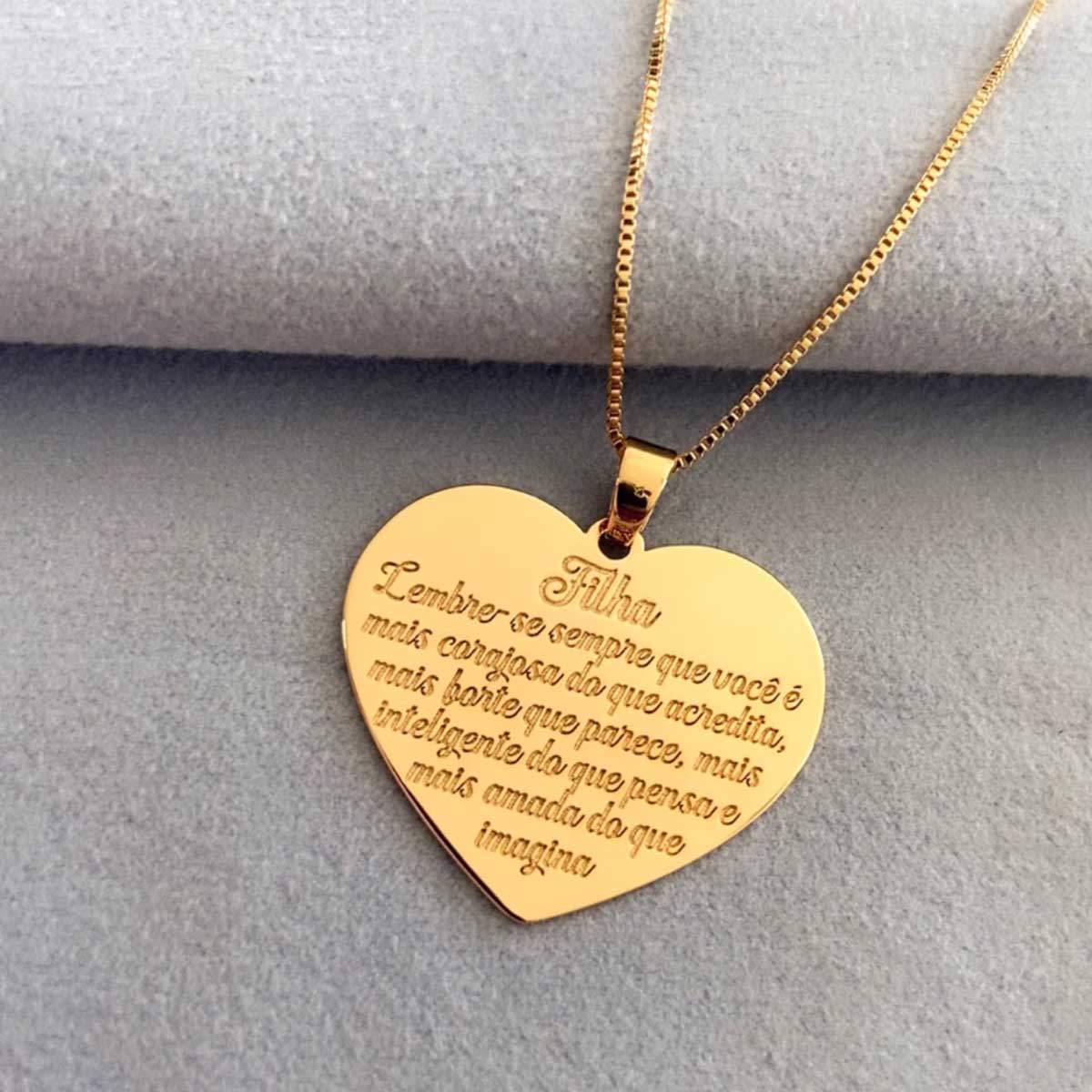 Colar Pingente Folheado Mensagem coração dourado ouro latao Personalizado com nome marca logotipo empresa foto arte