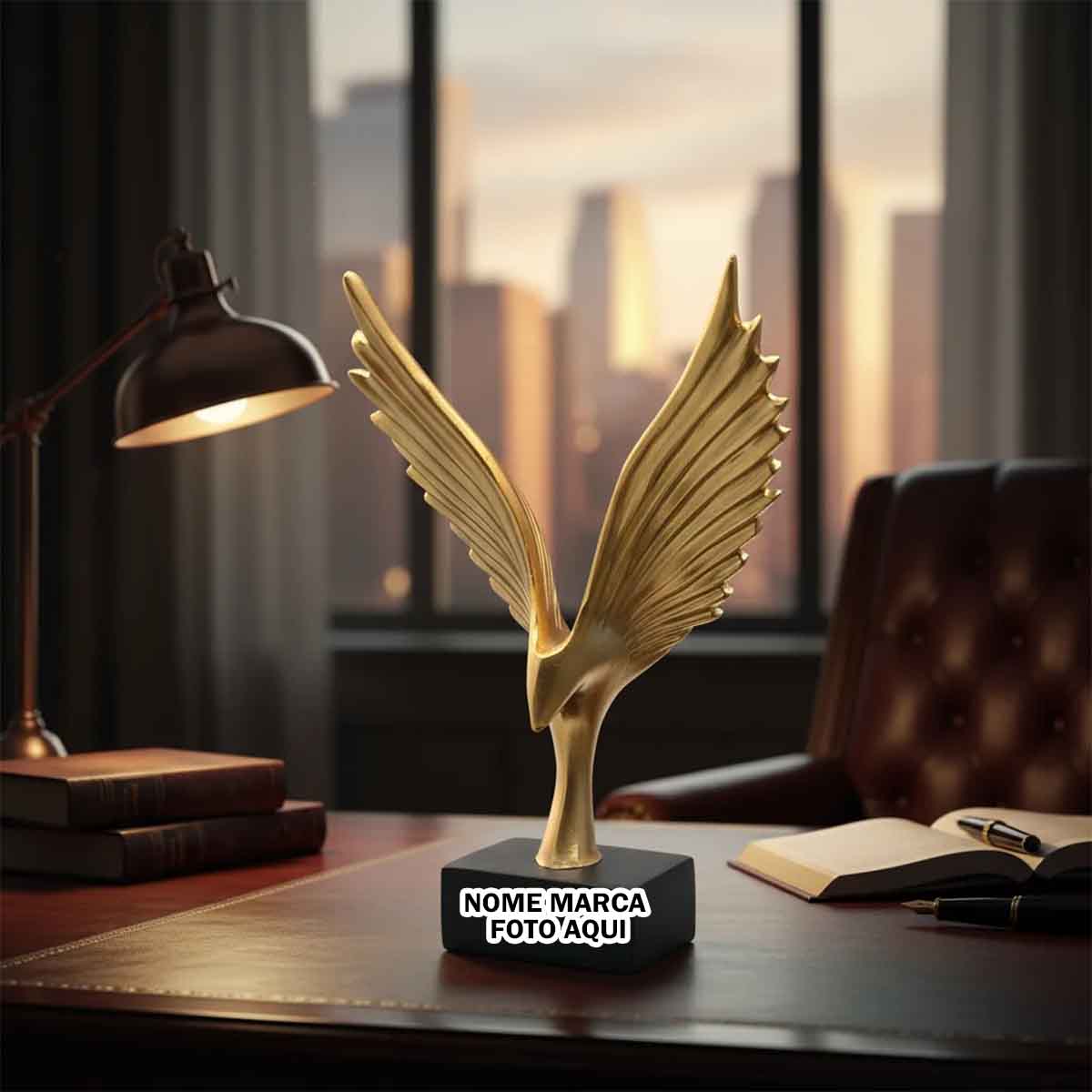 Enfeite Águia Abstrata Dourada Escultura Decoracao Luxo Personalizado com nome marca logotipo empresa foto arte frase