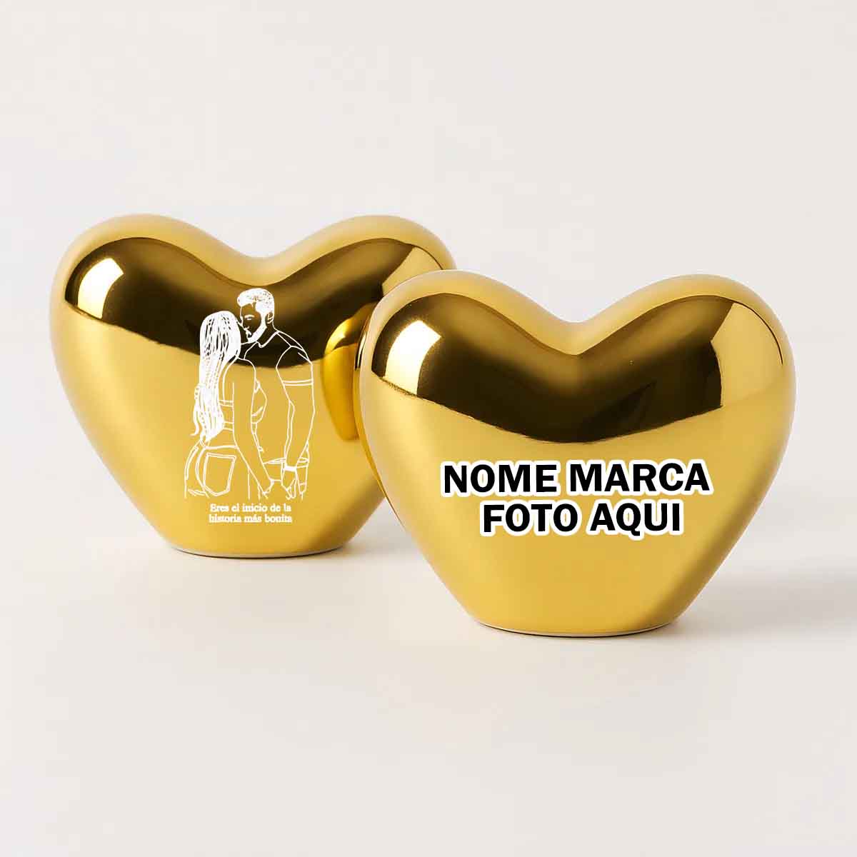 Enfeite coração dourado cor de ouro mesa Personalizado com nome marca logotipo empresa foto arte frase personalizada