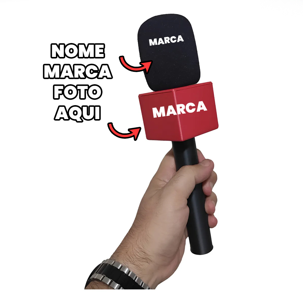 Microfone Personalizado com nome marca logotipo empresa de entrevista foto arte frase personalizada
