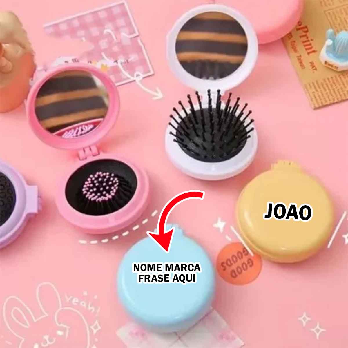 Pente espelho mini escova Personalizada com nome marca logotipo empresa foto arte frase personalizado