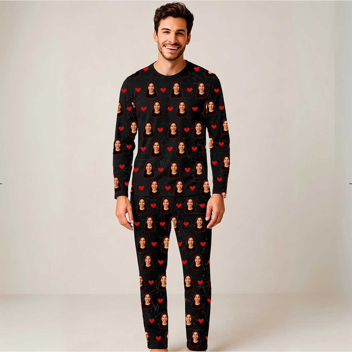 Pijama masculino manga longa e calça Personalizado com nome marca logotipo empresa foto arte frase personalizada