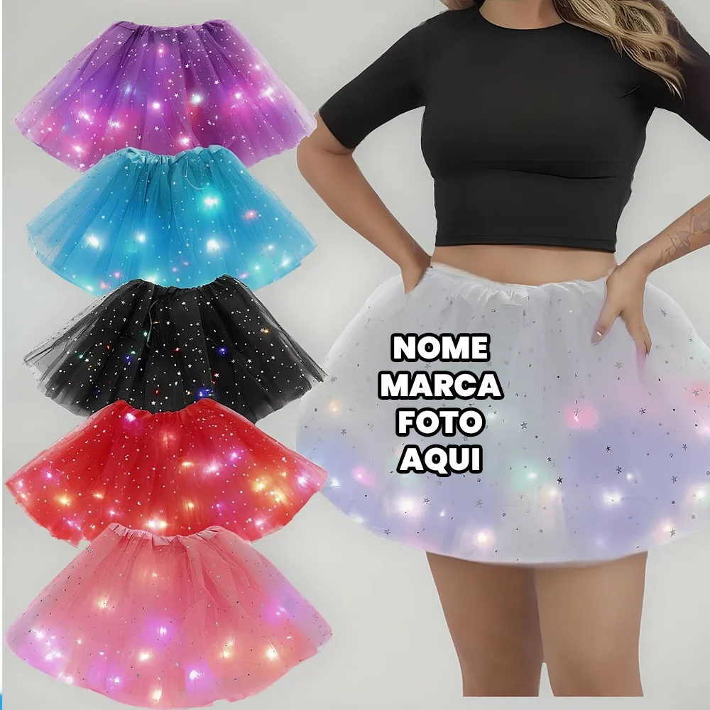 Saia de Tule com led Personalizada brilha acende com nome marca logotipo empresa foto arte frase personalizada