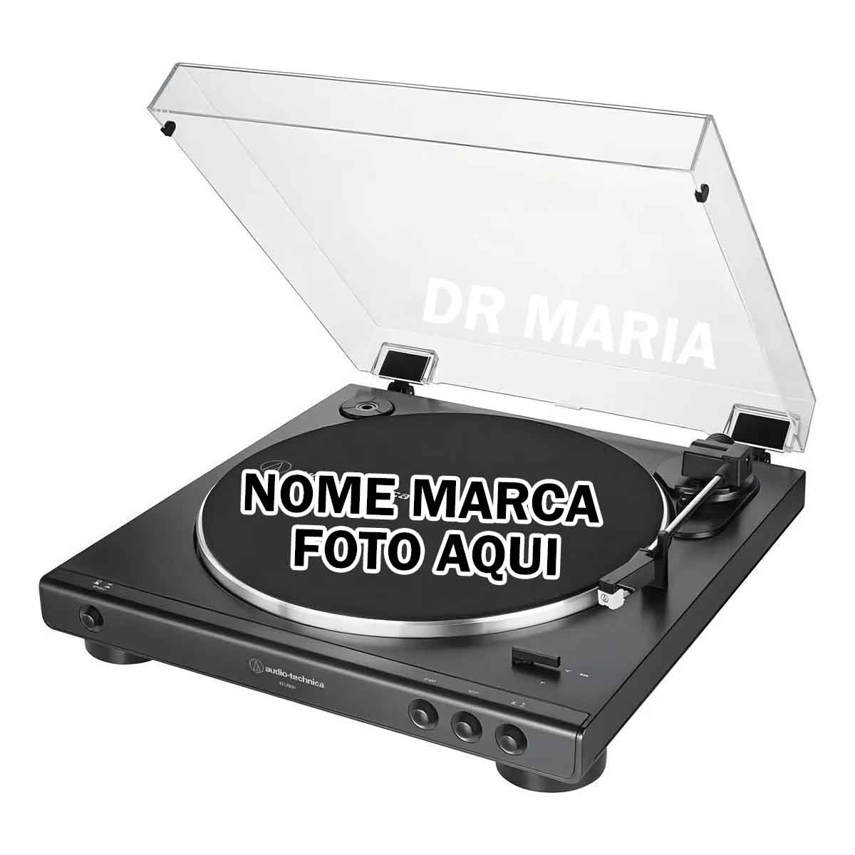 Toca Discos Personalizado retro vinil vitrola com nome marca logotipo empresa foto arte frase personalizada