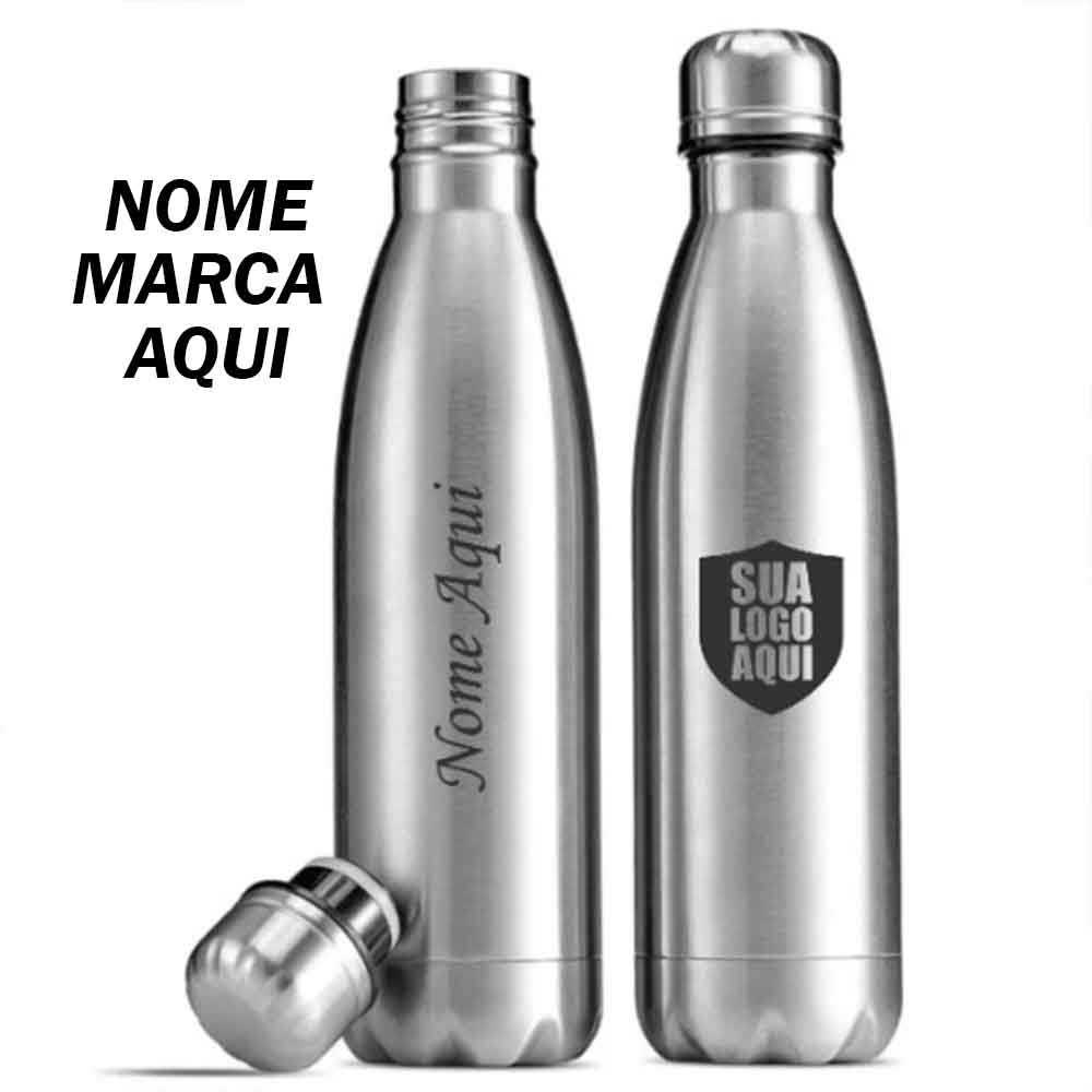 Squeeze Garrafa Cromada Inox prata Personalizadacom nome marca logotipo empresa foto arte frase personalizado