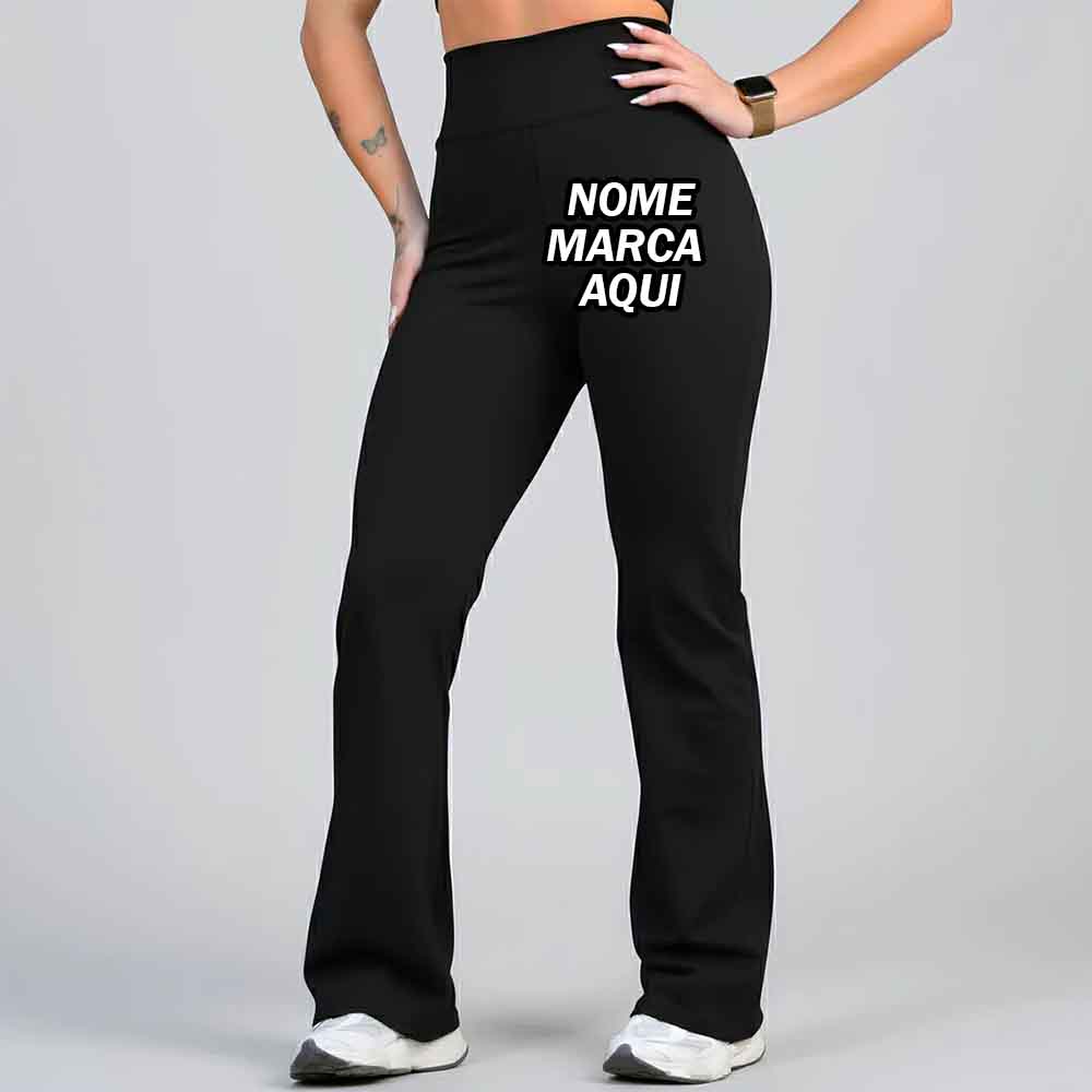Calça Legging Leg Flare Zero Transparência Personalizada com nome marca logotipo empresa foto arte frase personalizado