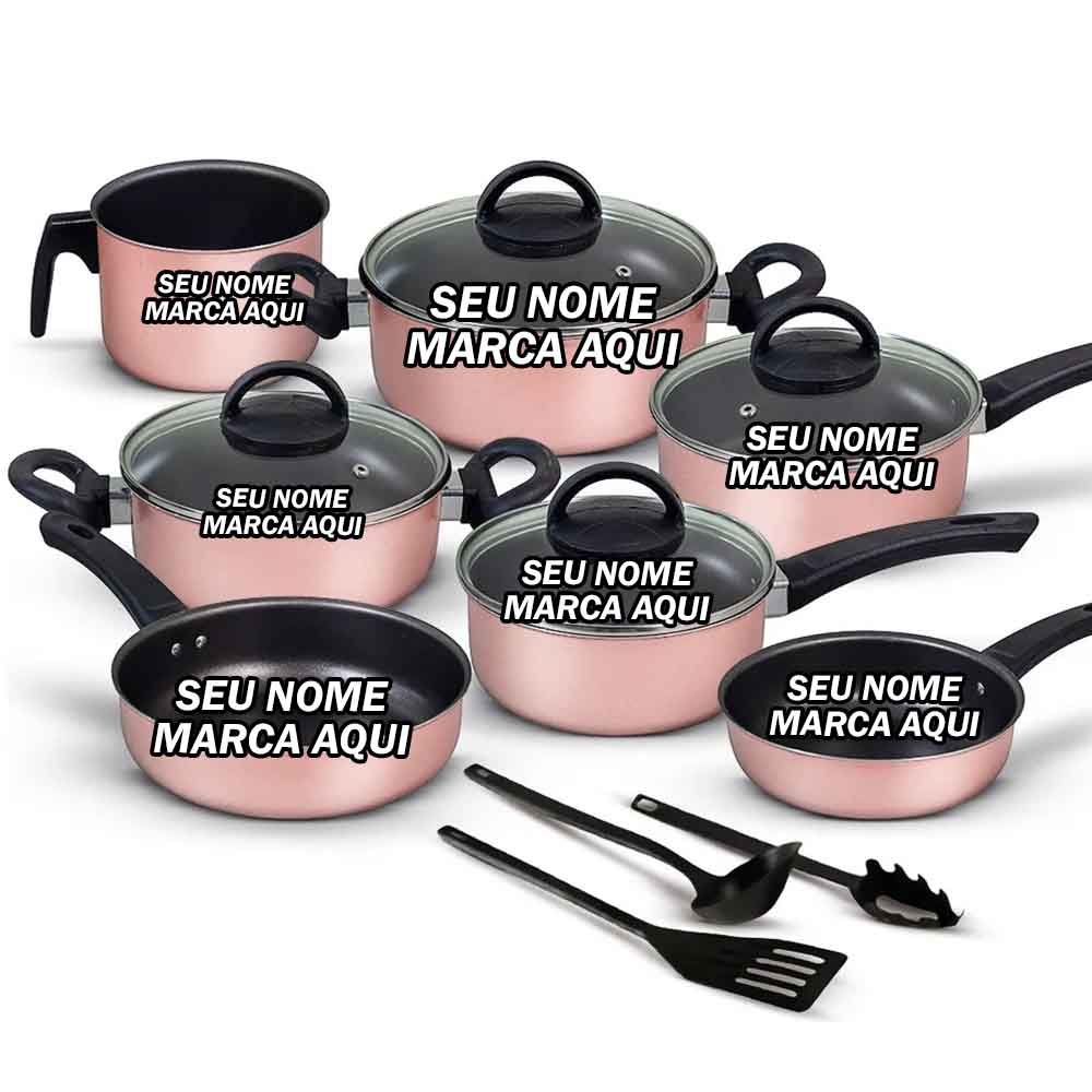 Conjunto Panelas Antiaderente Teflon Várias Cores Rosa Rose Personalizada com nome marca logotipo empresa foto arte