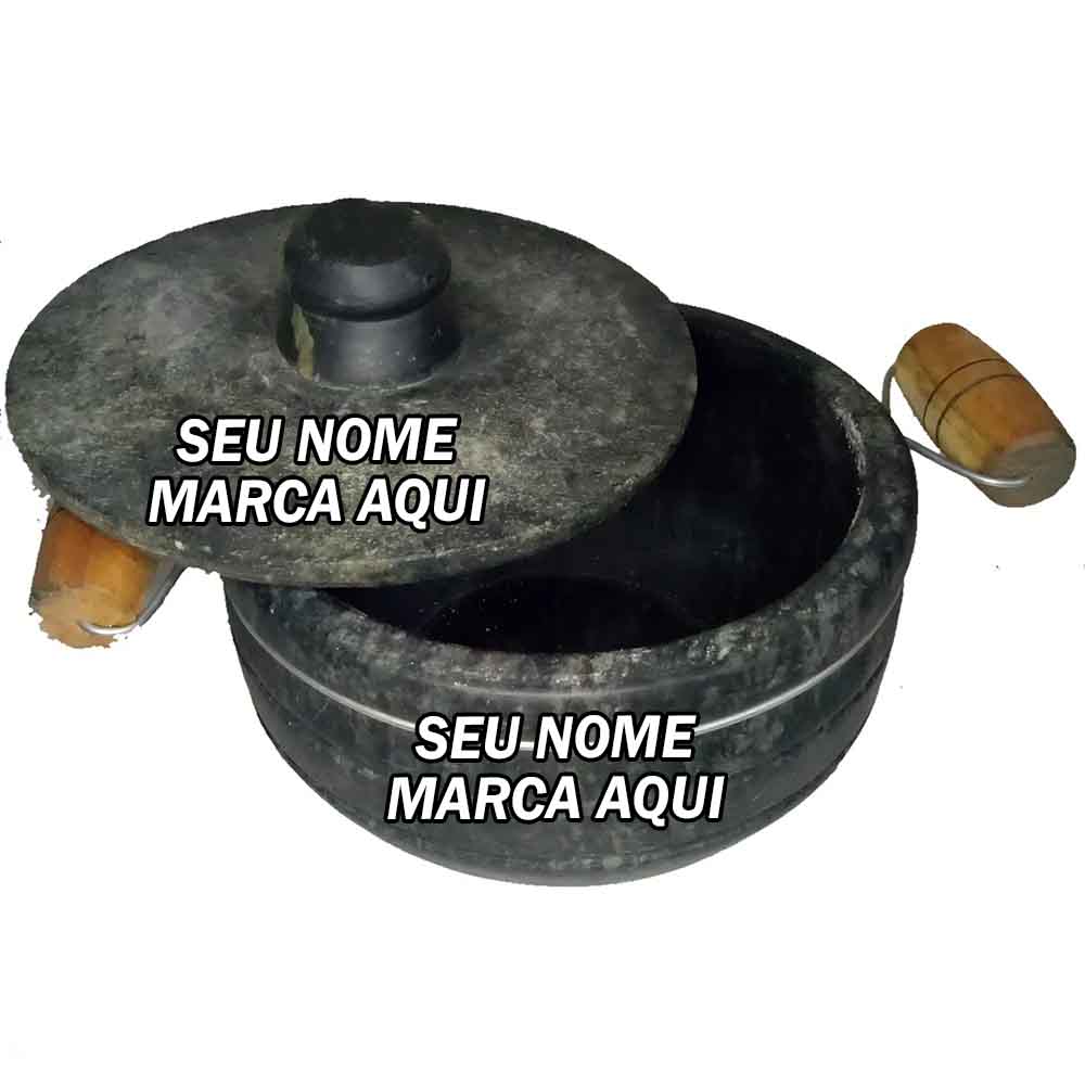 Panela De Pedra Sabão Alça De Madeira Cinza - Sem Cura Personalizada com nome marca logotipo empresa foto arte frase
