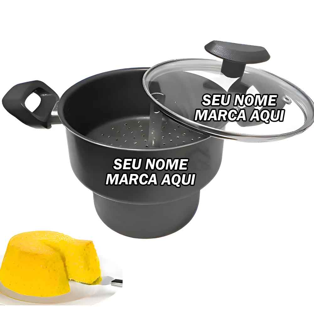 Cuscuzeiro Antiaderente Aluminio Teflon Tampa Vidro Preto Personalizado com nome marca logotipo empresa foto arte frase