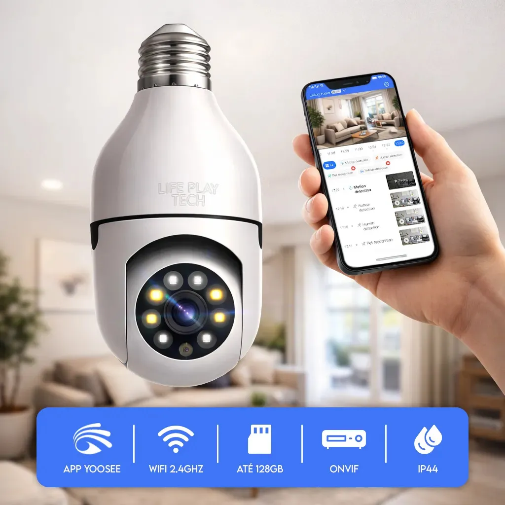 Câmera Segurança Lâmpada WiFi 360° Full HD 1080p