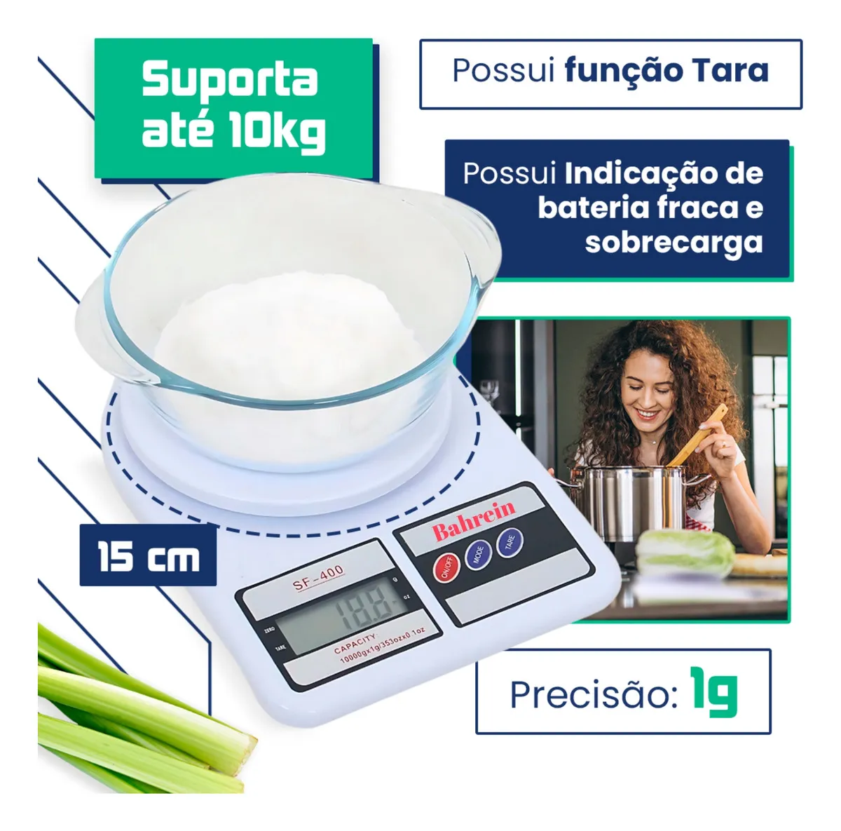 Balança Eletrônica Digital De Cozinha Pesa De 1gr Até 10kg Cor Branco e Nutrição - Imagem 5